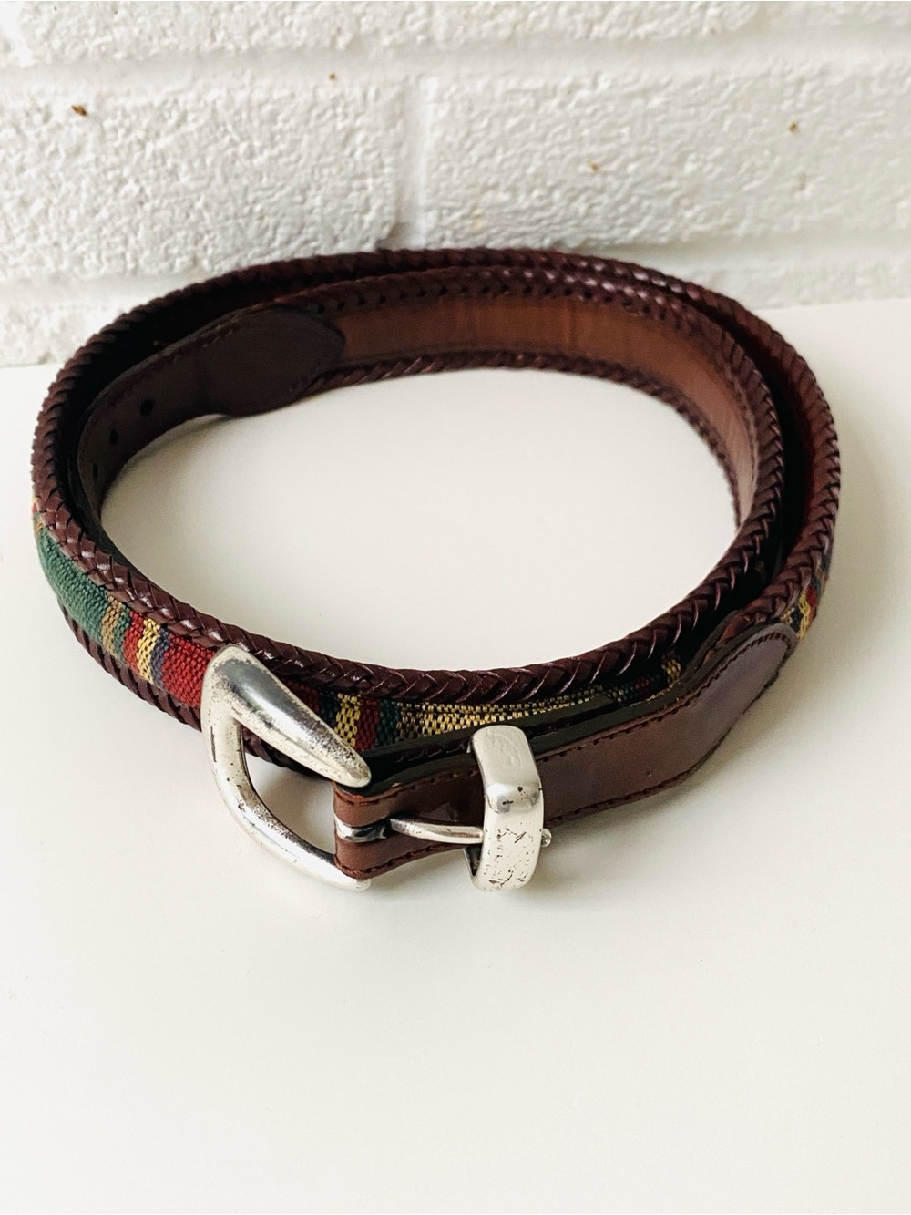 Brighton Men's Brown Braided Leather Plaid Woven Belt 40 Silver Buckle 67506